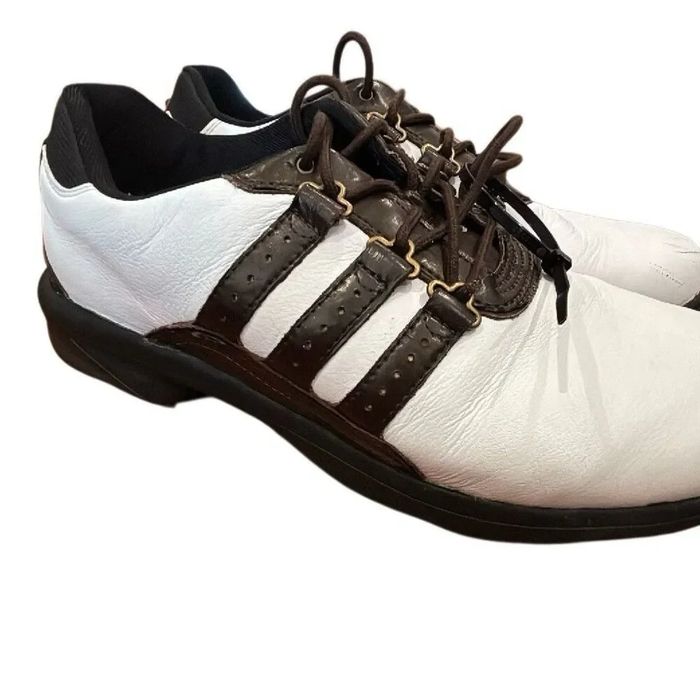 adidas Adipure Men's Golf Shoes Leather Spiked Lace Up White Brown Black size 9